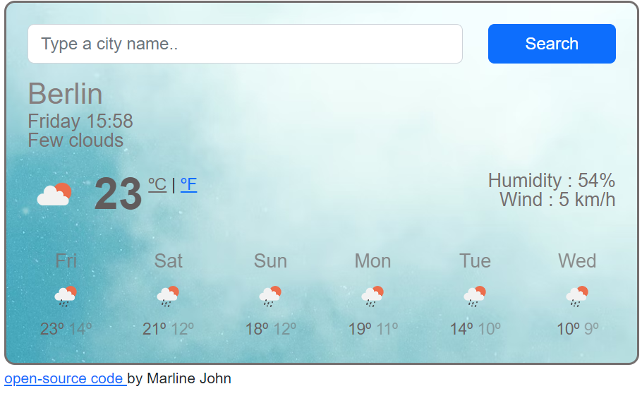 screen-shot of  JS weather app